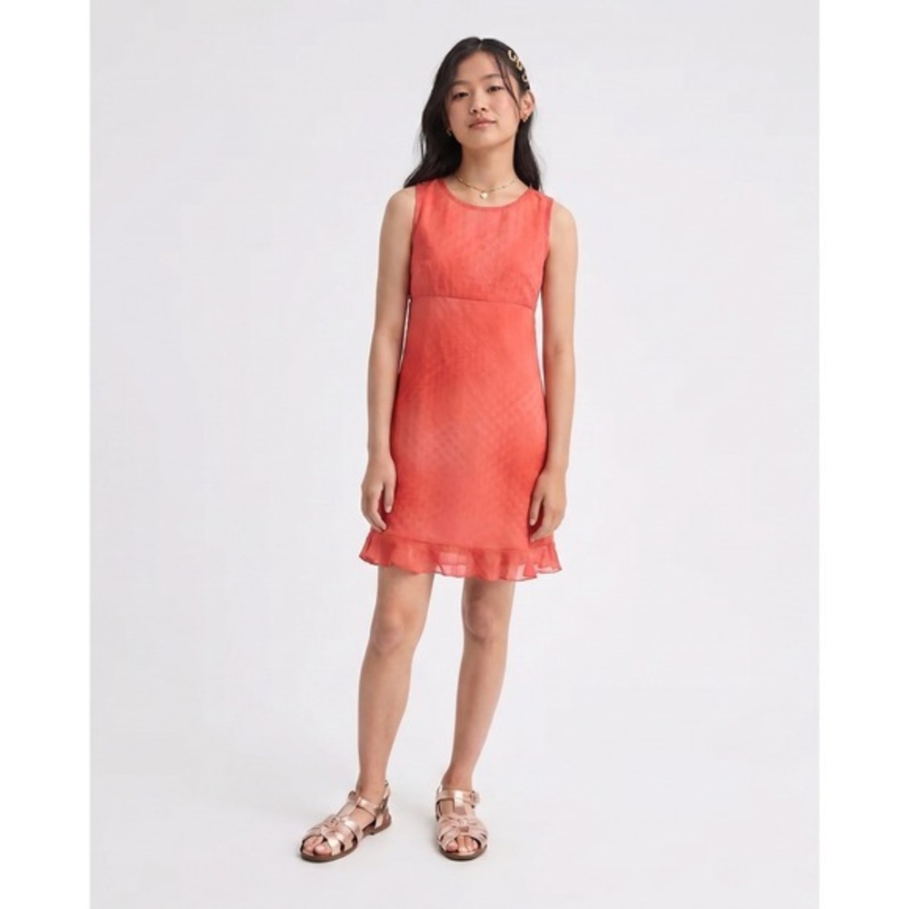 Perry Ellis Girls Coral Pink Polka Dot Jacquard Ruffle Hem Sleeveless Dress